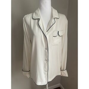 Rag & Bone Women 4 Silk Button Shirt Cream Navy Piping Old Money Quiet Luxury